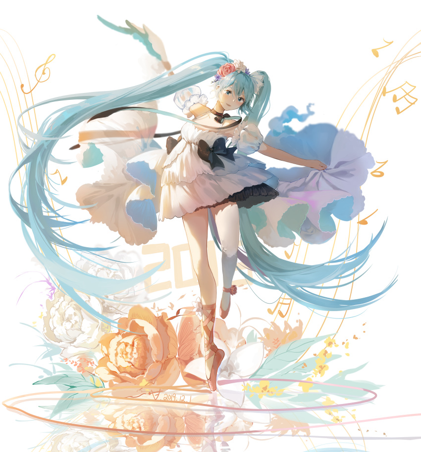 absurdres aqua_eyes aqua_hair ballerina ballet_slippers beamed_sixteenth_notes black_bow black_ribbon blurry blurry_background bow chinese_commentary commentary dancing dated depth_of_field dress dress_bow eighth_note flower frilled_dress frilled_sleeves frills full_body hair_flower hair_ornament hatsune_miku highres layered_dress leaf leg_up long_hair looking_at_viewer miku_with_you_(vocaloid) musical_note neck_ribbon outstretched_arms petals puffy_sleeves quarter_note reflection ribbon ripples short_sleeves skirt_hold smile standing standing_on_one_leg stuko treble_clef twintails very_long_hair vocaloid white_dress white_flower white_legwear