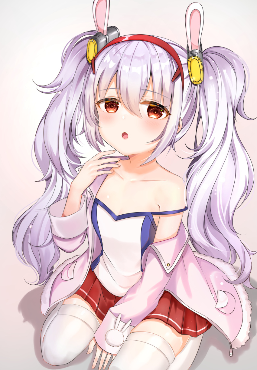 1girl :o animal_ears azur_lane bangs bare_shoulders between_legs camisole commentary_request eyebrows_visible_through_hair hair_between_eyes hair_ornament hairband hand_between_legs highres jacket katsushika_pachi laffey_(azur_lane) long_hair long_sleeves looking_at_viewer off_shoulder open_clothes open_jacket parted_lips pink_jacket pleated_skirt rabbit_ears red_eyes red_hairband red_skirt shadow sidelocks silver_hair sitting skirt sleeves_past_wrists solo strap_slip thigh-highs twintails very_long_hair wariza white_camisole white_legwear