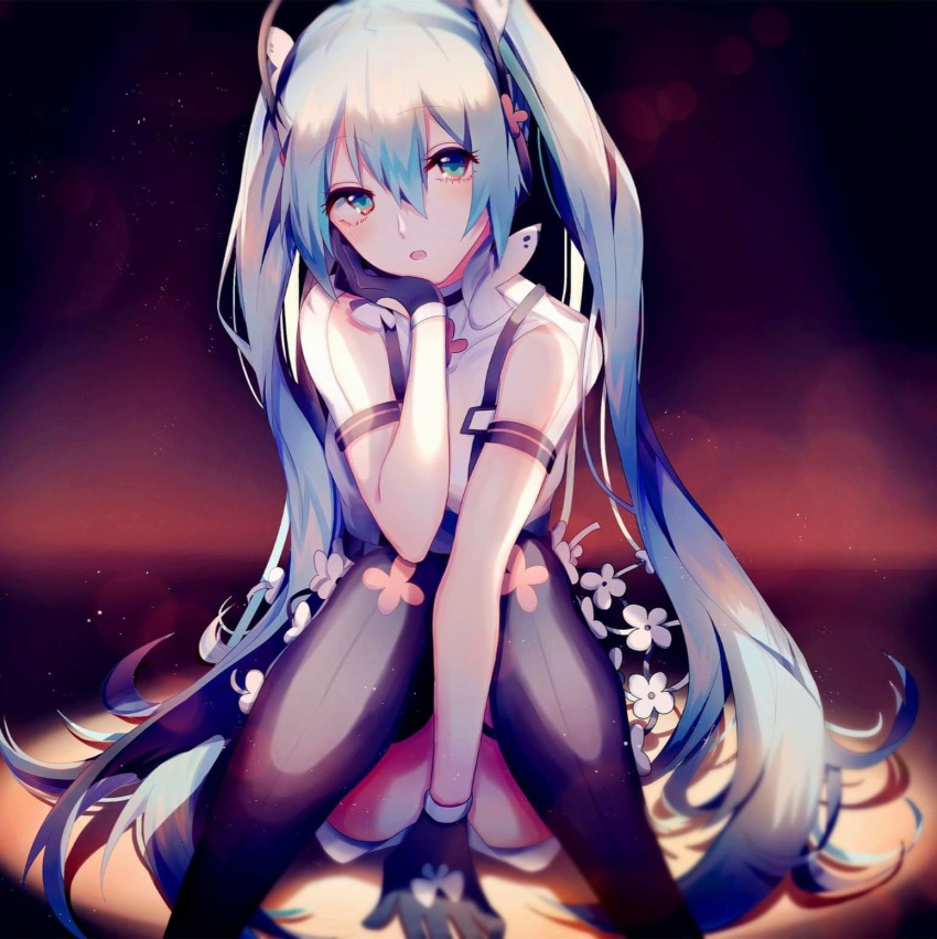 1girl arm_strap between_legs black_gloves black_legwear blue_eyes blue_hair blurry_foreground dust_particles gloves hair_between_eyes hair_ornament hand_between_legs hatsune_miku hatsune_miku_(vocaloid4)_(chinese) head_rest head_tilt highres lens_flare llg062666 long_hair looking_at_viewer miniskirt open_mouth print_gloves shiny shiny_hair shirt sitting skirt sleeveless sleeveless_shirt solo thigh-highs twintails very_long_hair vocaloid white_shirt white_skirt