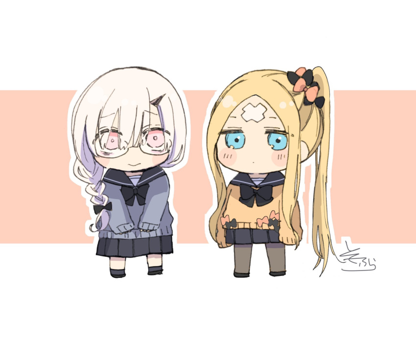 2girls abigail_williams_(fate/grand_order) bags_under_eyes bangs bespectacled black_bow black_footwear black_legwear black_sailor_collar black_skirt blonde_hair blue_eyes blue_sweater blush_stickers bow braid brown_background chibi closed_mouth crossed_bandaids eyebrows_visible_through_hair fate/grand_order fate_(series) glasses grey_hair grey_legwear hair_between_eyes hair_bow high_ponytail highres horn lavinia_whateley_(fate/grand_order) long_sleeves looking_at_viewer multiple_girls multiple_hair_bows orange_bow orange_sweater outline pantyhose parted_bangs pleated_skirt sailor_collar side_braid side_ponytail sidelocks signature single_braid skirt sleeves_past_wrists socks sofra standing sweater two-tone_background white_background white_outline