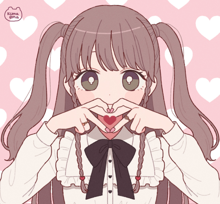 1girl black_neckwear bow bowtie braid bright_pupils brown_eyes brown_hair finger_heart frilled_shirt frills heart heart_background highres jewelry long_hair long_sleeves nokanok original patterned_background pink_background ring shirt signature solo twin_braids twintails upper_body white_pupils white_shirt