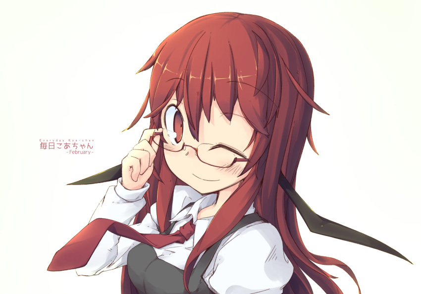 1girl ;) adjusting_eyewear ayase_yuuki_(mikan_mochi) bat_wings bespectacled black_vest blush breasts collared_shirt dress_shirt eyebrows_visible_through_hair glasses head_wings highres juliet_sleeves koakuma long_hair long_sleeves looking_at_viewer necktie one_eye_closed puffy_sleeves red-framed_eyewear red_eyes red_neckwear redhead semi-rimless_eyewear shirt simple_background small_breasts smile solo touhou translated upper_body vest white_background white_shirt wings yellow_background