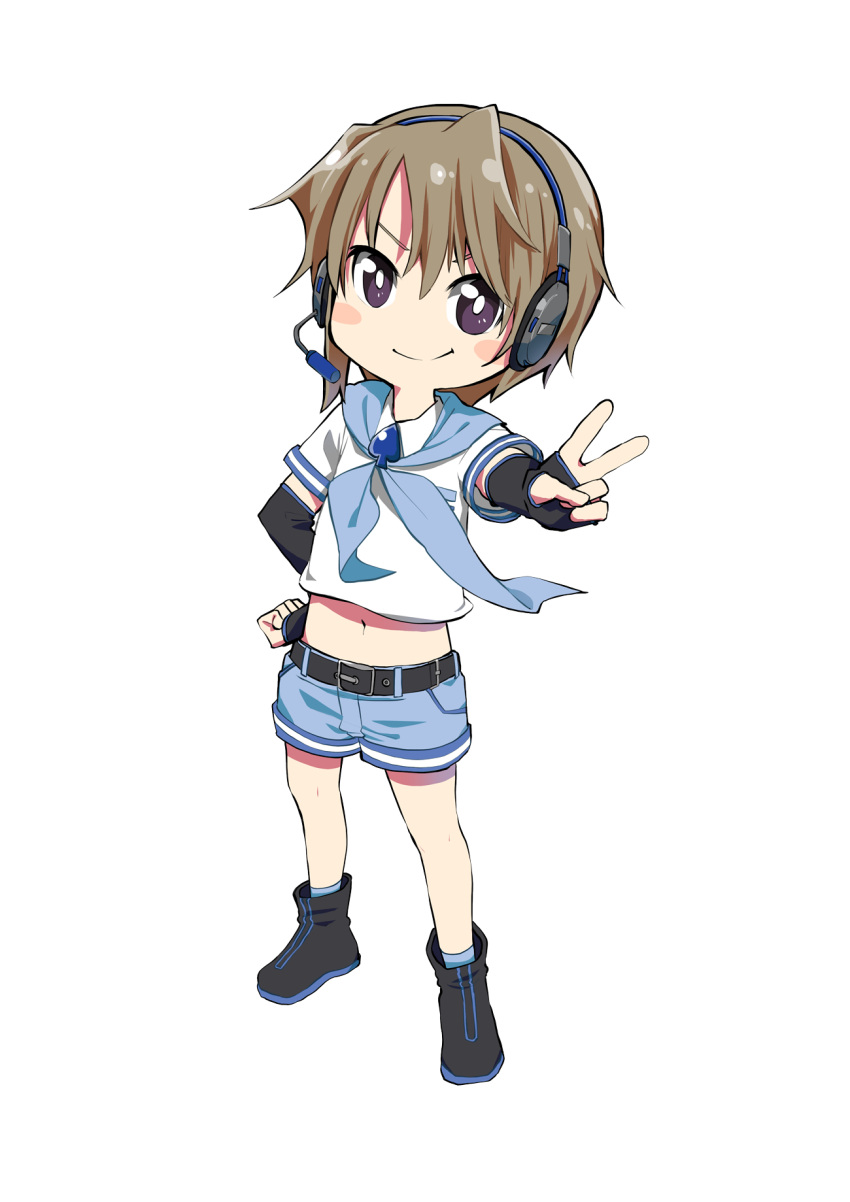 1boy black_footwear black_gloves blue_neckwear blue_shorts blush_stickers boots brown_hair elbow_gloves gloves gyari_(imagesdawn) hand_on_hip headset highres male_focus navel neckerchief short_sleeves shorts transparent_background tsukuyomi_shouta v violet_eyes voiceroid