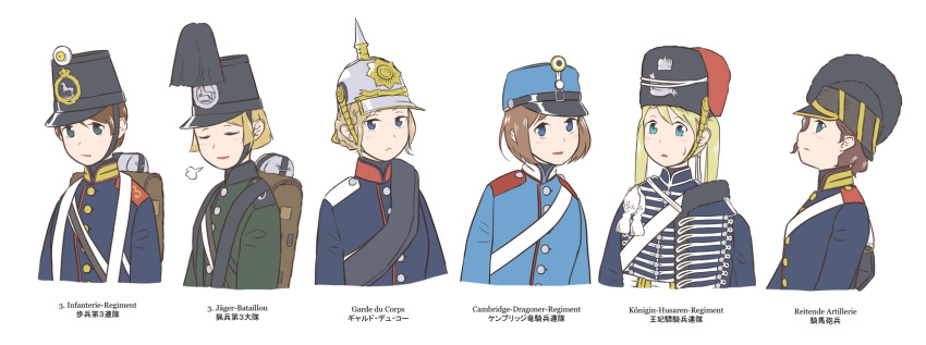 6+girls aiguillette artist_request backpack bag blonde_hair blue_eyes brown_eyes brown_hair german_text helmet highres hussar military military_uniform multiple_girls original pickelhaube sash uniform