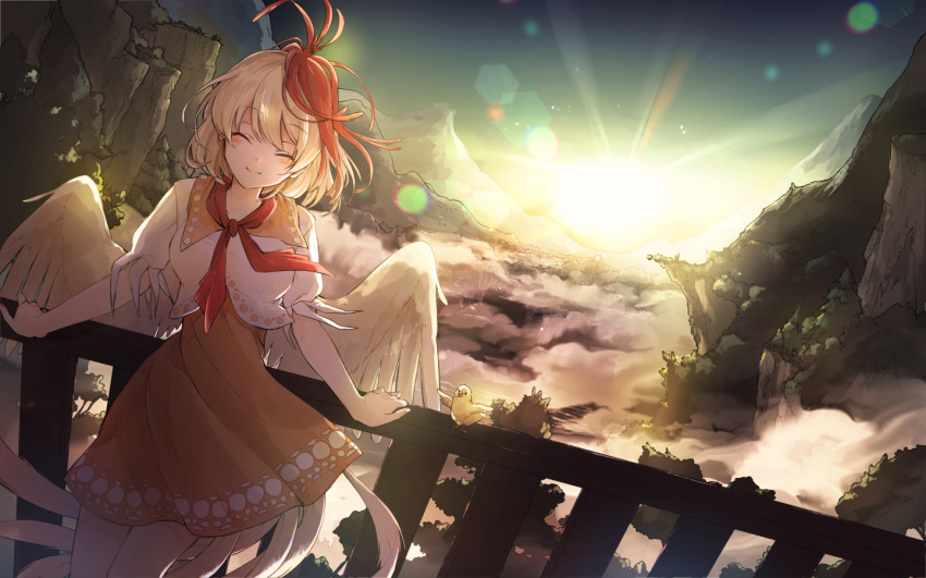 1girl ^_^ bird bird_tail bird_wings blonde_hair blush chick chicken cliff closed_eyes closed_mouth commentary_request dress feet_out_of_frame hand_on_railing happy hisona_(suaritesumi) lens_flare mountain multicolored_hair nature niwatari_kutaka orange_dress outdoors pine_tree railing red_scarf redhead scarf shirt smile solo sun sunlight sunset tail touhou tree two-tone_hair white_shirt wings