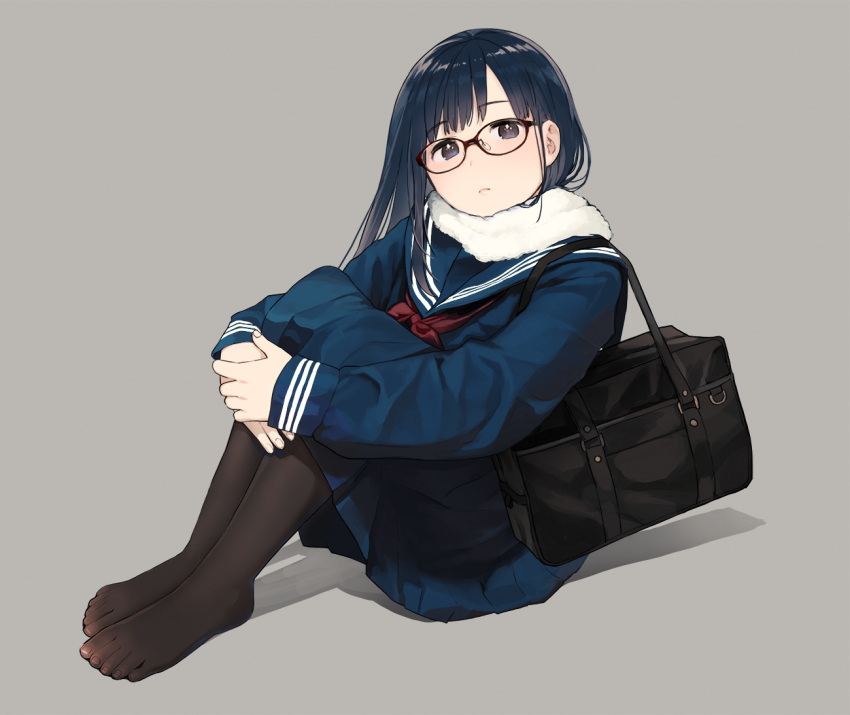 1girl bag bangs black_eyes black_hair black_legwear blue_sailor_collar blue_serafuku blue_shirt blue_skirt brown-framed_eyewear closed_mouth commentary_request eyebrows_visible_through_hair glasses grey_background leg_hug long_hair long_sleeves looking_at_viewer morifumi no_shoes original pantyhose pleated_skirt red_neckwear sailor_collar school_bag school_uniform serafuku shadow shirt simple_background skirt sleeves_past_wrists solo