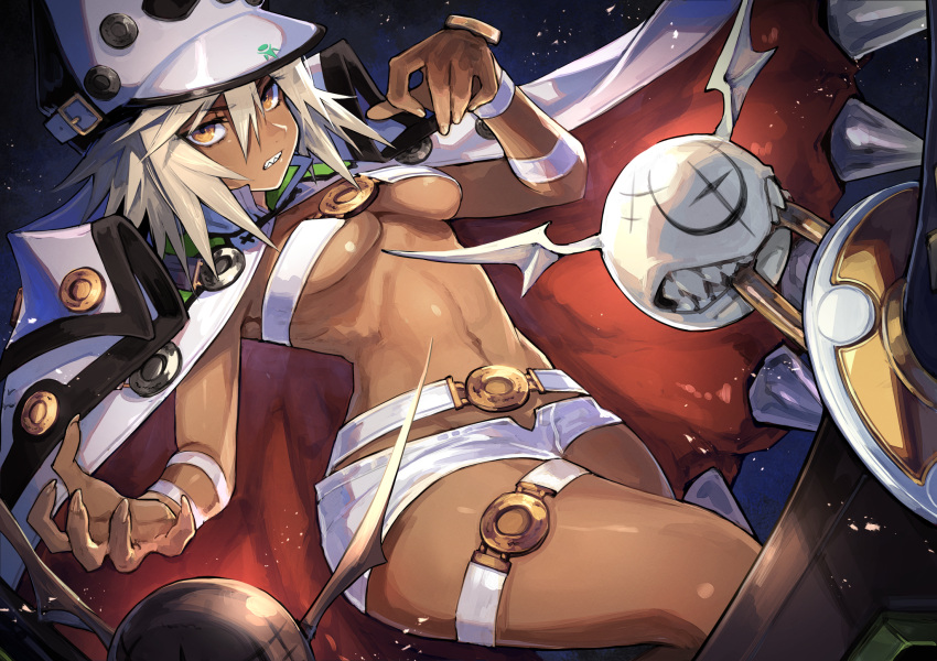 1girl angry belt beltbra breasts brown_eyes cape clenched_teeth clover dark_skin grey_hair guilty_gear guilty_gear_xrd hat highres medium_breasts mephist-pheles ramlethal_valentine sharp_teeth short_shorts shorts solo teeth thigh_strap under_boob white_shorts