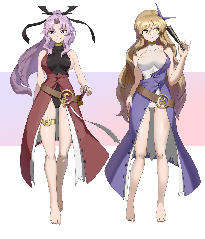 2girls absurdres adapted_costume alternate_costume bangs bare_shoulders barefoot belt black_leotard blonde_hair blue_dress blue_ribbon breasts closed_fan closed_mouth crossed_bangs dress eyebrows_visible_through_hair fan folding_fan hair_between_eyes hair_ribbon highres holding holding_sword holding_weapon katana large_breasts leotard long_hair looking_at_viewer multiple_girls nanaya777 no_hat no_headwear petticoat ponytail purple_hair red_dress ribbon sideboob sidelocks smile standing sword touhou violet_eyes watatsuki_no_toyohime watatsuki_no_yorihime weapon white_leotard yellow_eyes yellow_ribbon