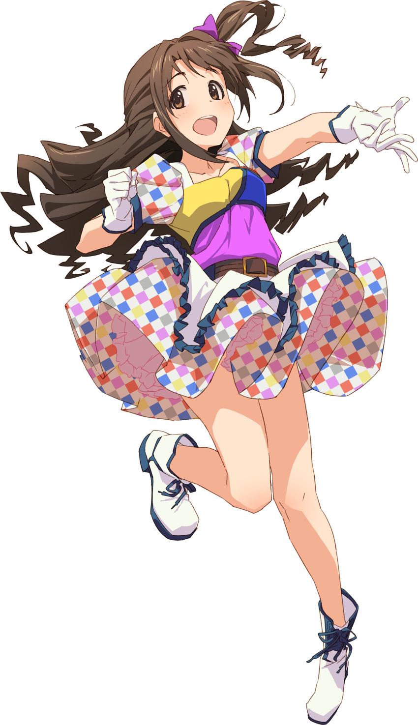 1girl absurdres artist_request belt boots brown_eyes brown_hair checkered checkered_skirt commentary_request frilled_skirt frills gloves half_updo highres idolmaster idolmaster_cinderella_girls layered_skirt long_hair looking_at_viewer one_side_up open_mouth puffy_short_sleeves puffy_sleeves shimamura_uzuki short_sleeves skirt solo white_background white_footwear white_gloves