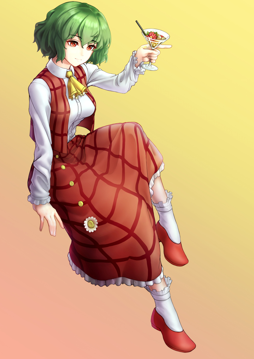 1girl absurdres arm_up ascot bangs breasts commentary_request cup drinking_glass eyebrows_visible_through_hair full_body gradient gradient_background green_hair hair_between_eyes highres holding holding_cup kazami_yuuka long_sleeves medium_breasts petticoat pink_background plaid plaid_skirt plaid_vest red_eyes red_footwear red_skirt red_vest shie-ne shirt shoes short_hair skirt skirt_set smile socks solo touhou vest white_legwear white_shirt wine_glass yellow_background yellow_neckwear