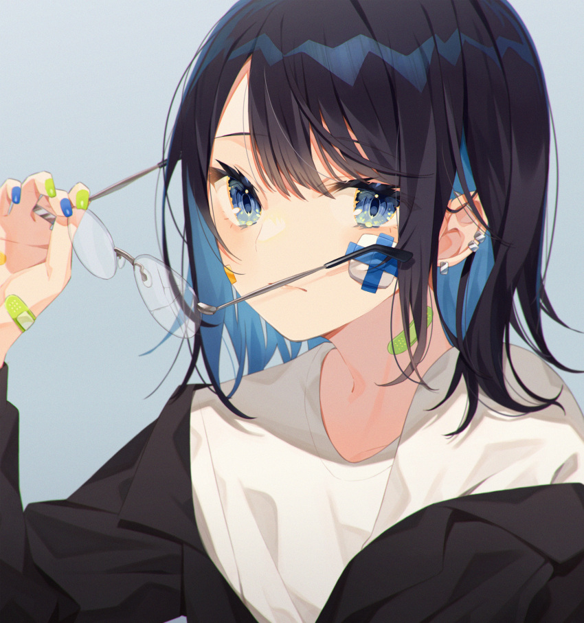 1girl absurdres bandaid bandaid_on_hand bandaid_on_neck bangs black_hair black_jacket blue_eyes blue_hair blue_nails closed_mouth commentary_request ear_piercing glasses green_nails grey_background hair_between_eyes highres holding holding_eyewear jacket long_sleeves looking_at_viewer minasenagi multicolored_hair multicolored_nails nail_polish off_shoulder open_clothes open_jacket original piercing shirt simple_background solo two-tone_hair upper_body white_shirt
