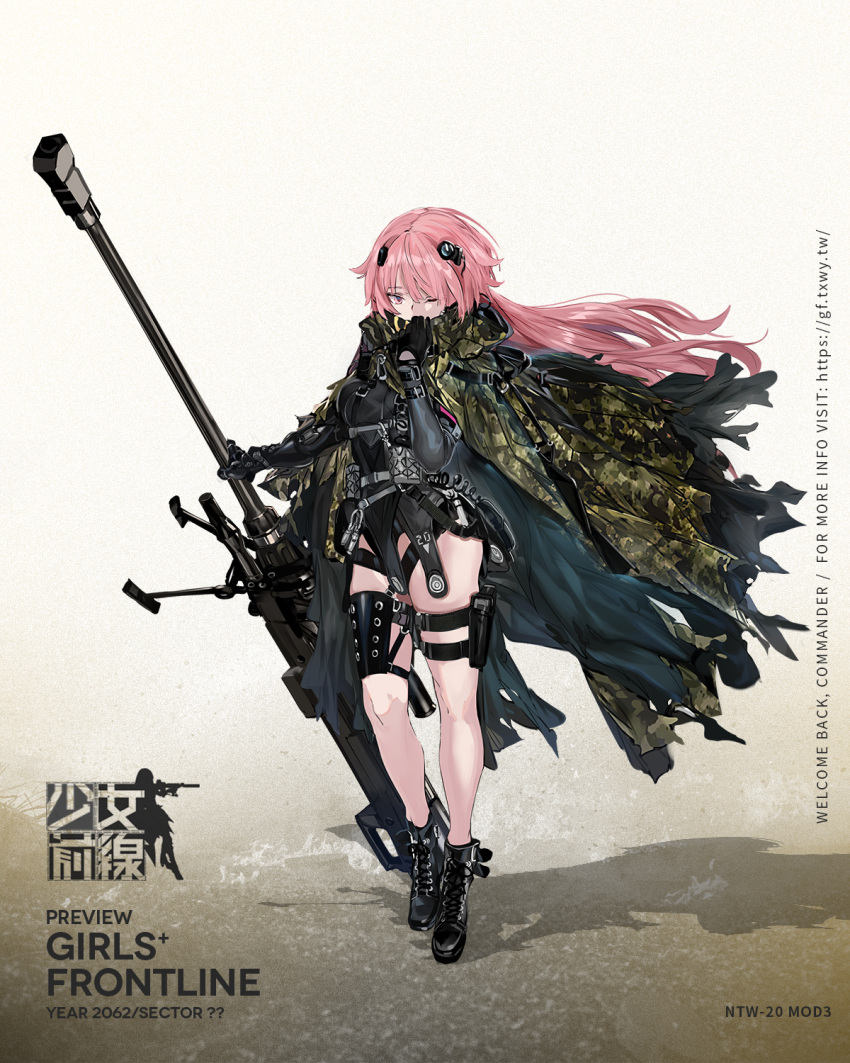 1girl adjusting_clothes anti-materiel_rifle bangs bipod black_footwear black_gloves black_leotard boot_straps boots breasts camouflage camouflage_cloak cape character_name cloak covered_mouth full_body girls_frontline gloves grey_jacket gun handgun headgear highres holding holding_gun holding_weapon holster holstered_weapon hood hood_down hooded_cloak jacket leotard logo long_hair looking_at_viewer mod3_(girls_frontline) ntw-20 ntw-20_(girls_frontline) official_art one_eye_closed pink_eyes pink_hair pistol ran_(pixiv2957827) rifle scope skindentation sniper_rifle solo thigh_holster thighs very_long_hair weapon wrist_straps