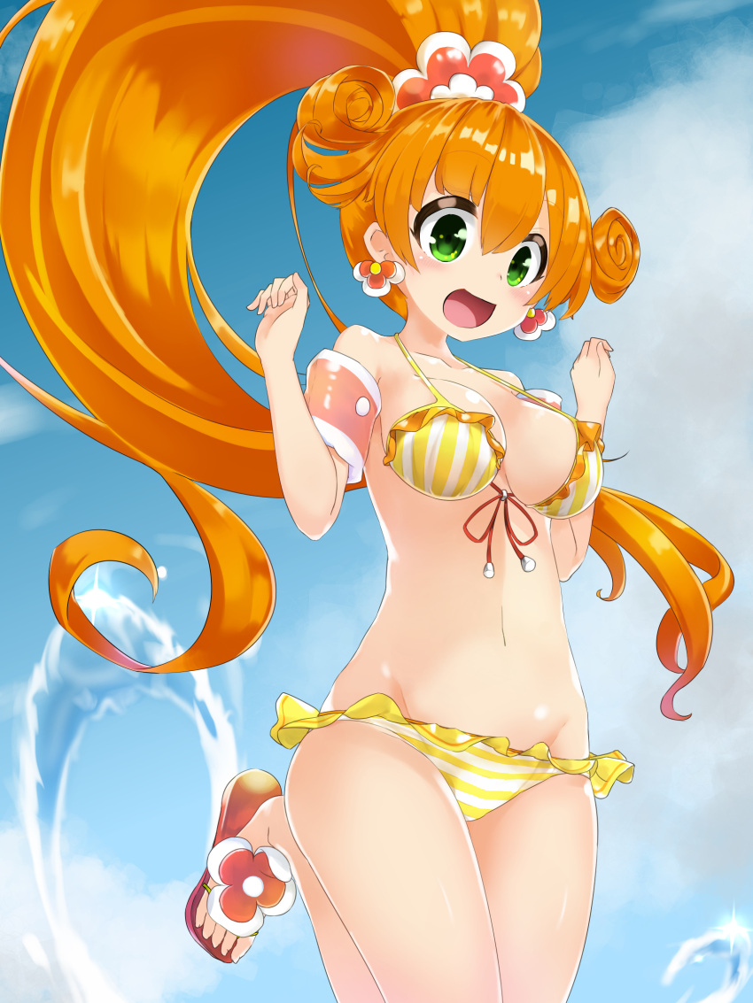 1girl bikini blush breasts earrings green_eyes highres jewelry large_breasts long_hair nyanko_daisensou open_mouth orange_hair sandals striped swimsuit twin-7646 vertical-striped_bikini vertical_stripes very_long_hair yellow_bikini