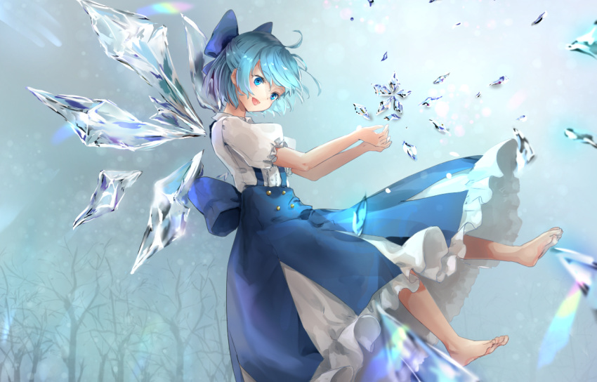 1girl :d ahoge bangs bare_tree barefoot blue_bow blue_eyes blue_hair blue_skirt blush bow cirno commentary_request eyebrows_visible_through_hair floating hair_bow head_tilt ice ice_wings open_mouth petticoat puffy_short_sleeves puffy_sleeves shironeko_yuuki shirt short_hair short_sleeves skirt smile solo suspender_skirt suspenders touhou tree white_shirt wings