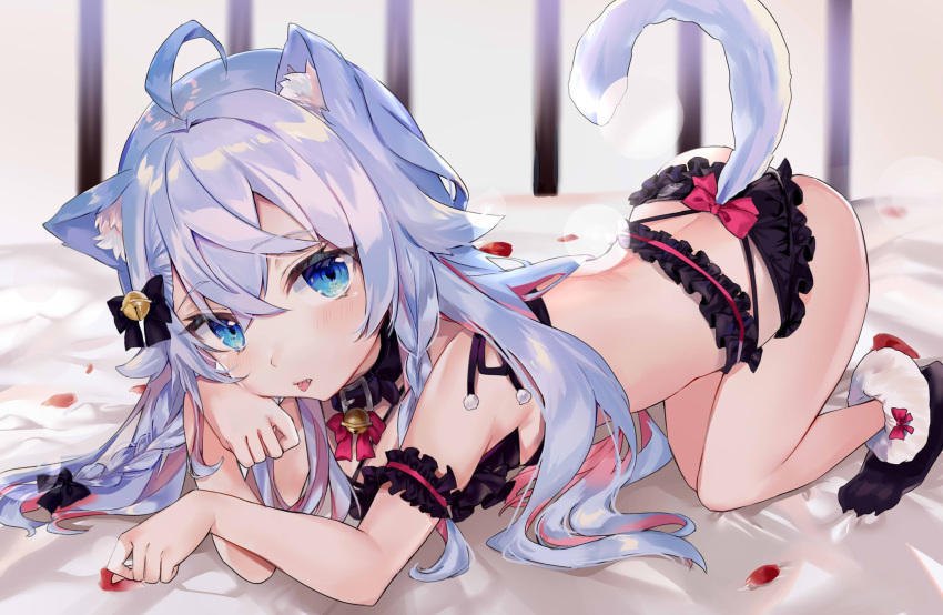 1girl ahoge all_fours animal_ear_fluff animal_ears arm_strap ass bangs bed bell bell_collar black_legwear black_ribbon blue_eyes blue_hair blurry blush bra braid breasts cage cat_ears cat_tail collar depth_of_field eyebrows_visible_through_hair fangs frilled_bra frilled_panties frills hair_ornament hair_ribbon hand_on_own_cheek highres lingerie long_hair looking_at_viewer nanakagura original panties red_ribbon redhead ribbon sidelocks small_breasts solo string_bra tail tongue tongue_out top-down_bottom-up underwear