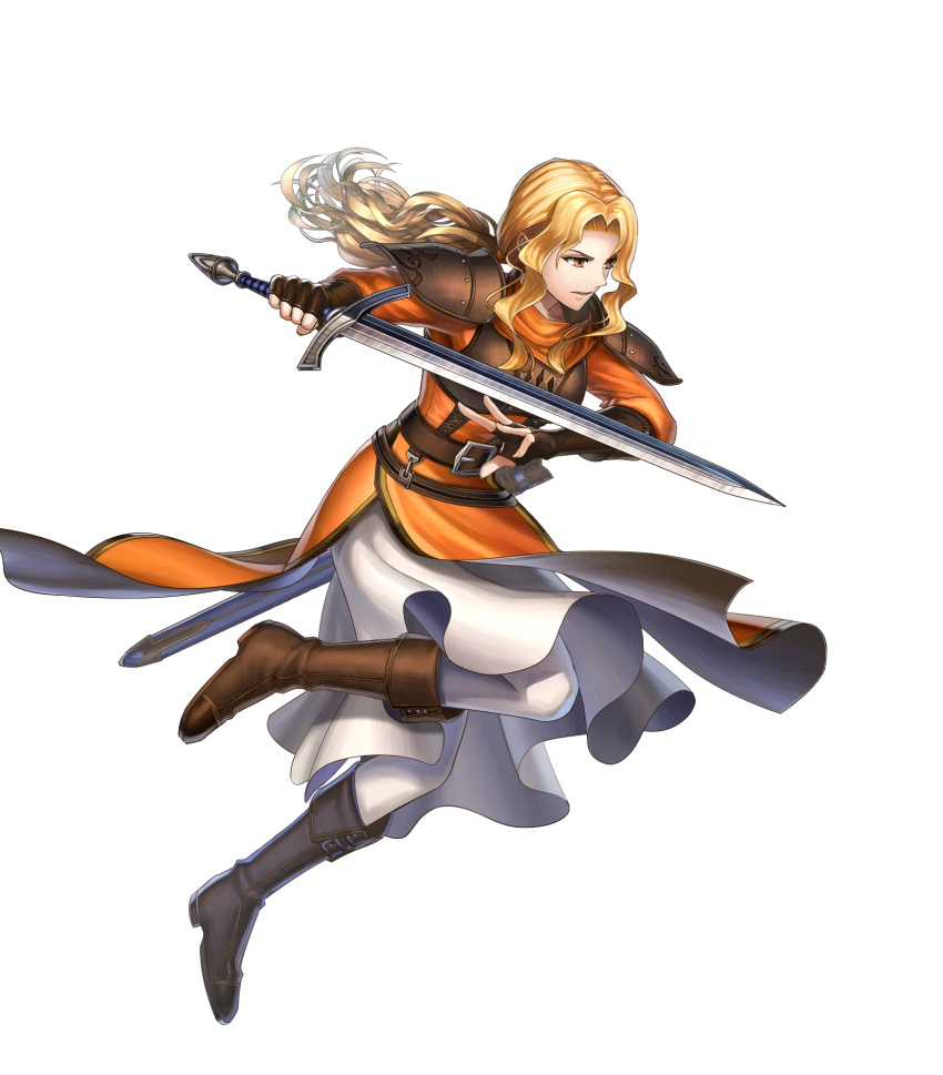 1girl armor bangs belt blonde_hair boots brigid_(fire_emblem) brown_footwear fire_emblem fire_emblem:_thracia_776 gloves highres knee_boots long_sleeves official_art shiny shiny_hair solo sword weapon yellow_eyes