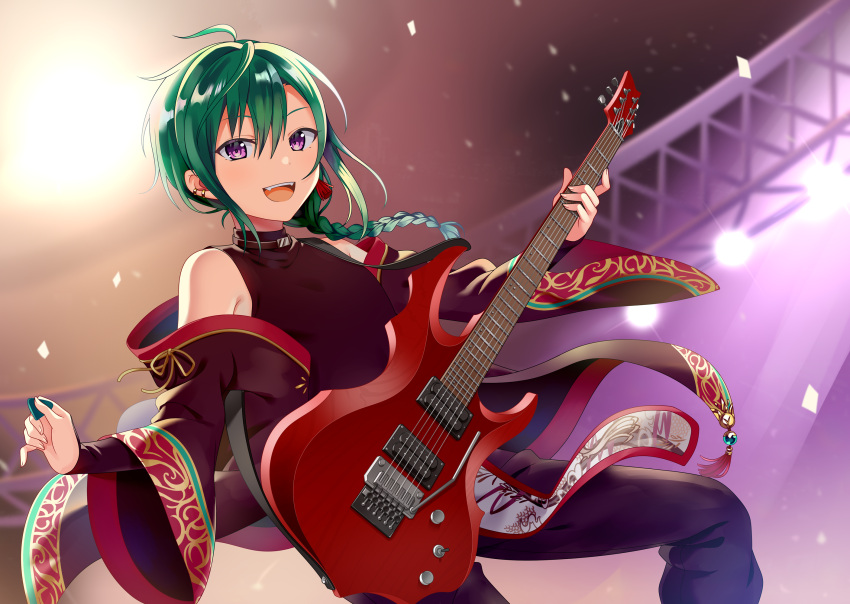 1other :d bangs bare_shoulders black_jacket black_pants black_shirt blurry blurry_background braid depth_of_field ear_piercing electric_guitar eyebrows_visible_through_hair fangs green_hair guitar hair_between_eyes highres holding holding_instrument holding_plectrum instrument jacket long_hair long_sleeves nijisanji open_mouth other_focus pants piercing plectrum ryuushen shirt sleeveless sleeveless_shirt smile solo violet_eyes virtual_youtuber wide_sleeves yuusa