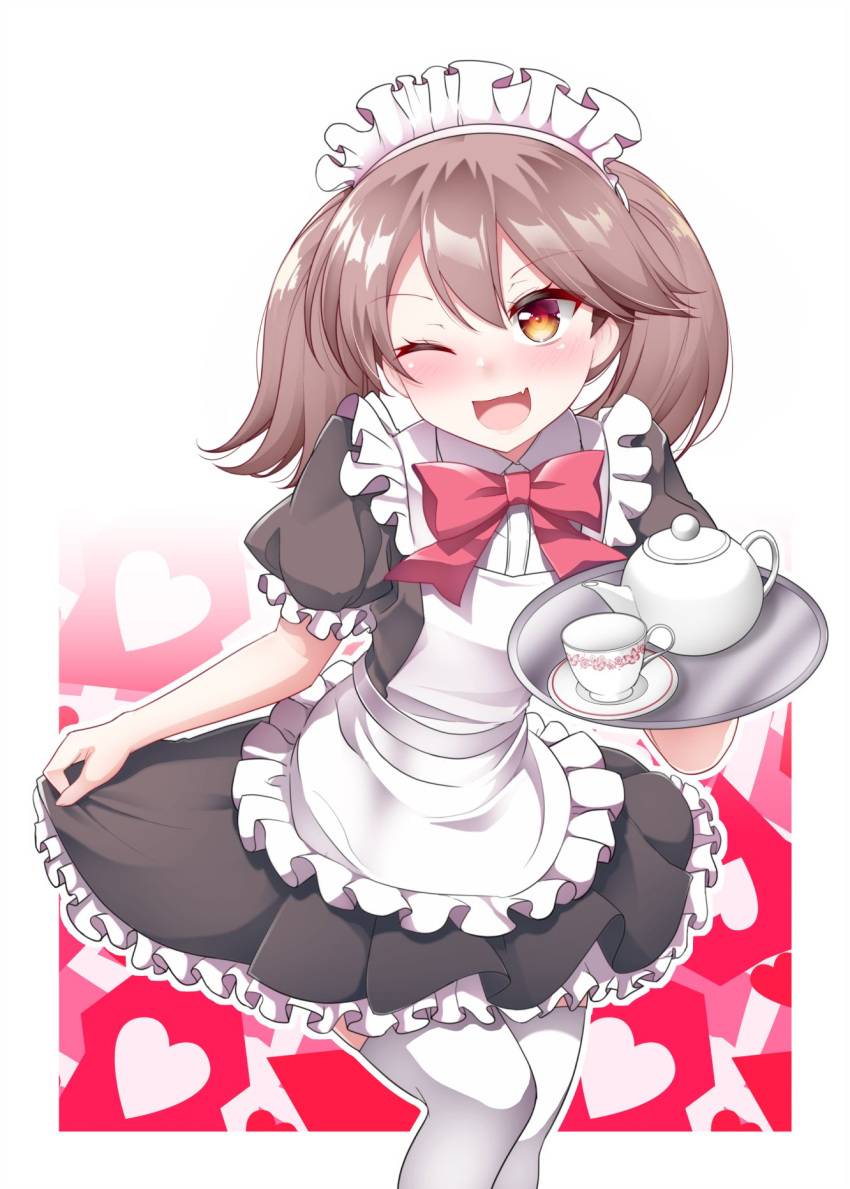 1girl alternate_costume apron black_dress blush brown_eyes brown_hair cup dress enmaided fang frilled_apron frilled_dress frilled_sleeves frills heart heart_background highres kantai_collection kirigakure_(kirigakure_tantei_jimusho) maid maid_headdress neck_ribbon one_eye_closed open_mouth outline pleated_dress puffy_short_sleeves puffy_sleeves ribbon ryuujou_(kantai_collection) saucer short_sleeves skirt_hold smile solo teacup teapot thigh-highs tray