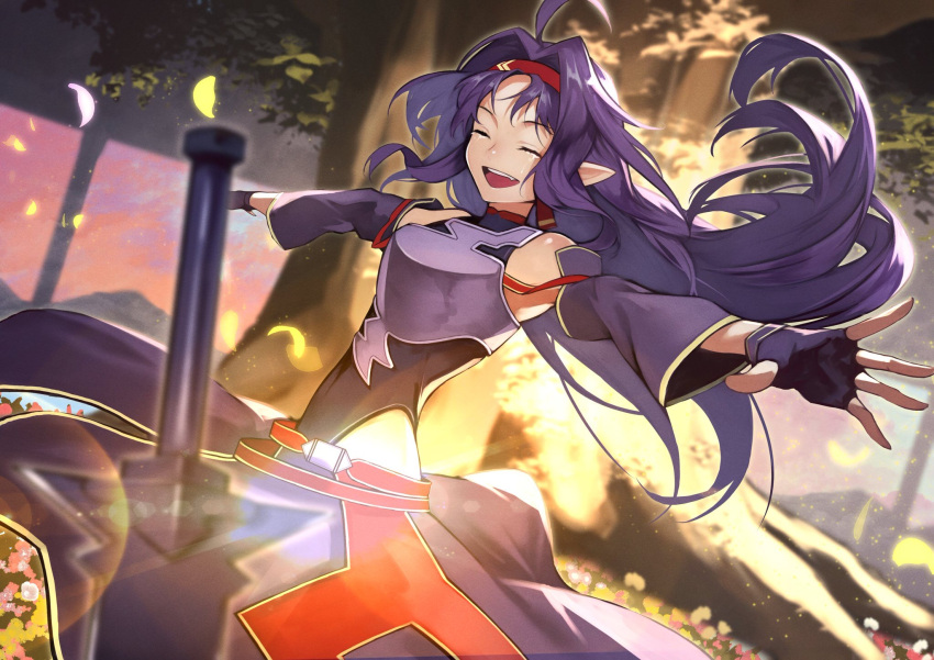 1girl 55level ahoge bare_shoulders black_gloves breastplate commentary_request detached_sleeves fingerless_gloves gloves hairband highres long_hair open_mouth outdoors pointy_ears purple_hair smile solo sword_art_online tears tree very_long_hair weapon yuuki_(sao)