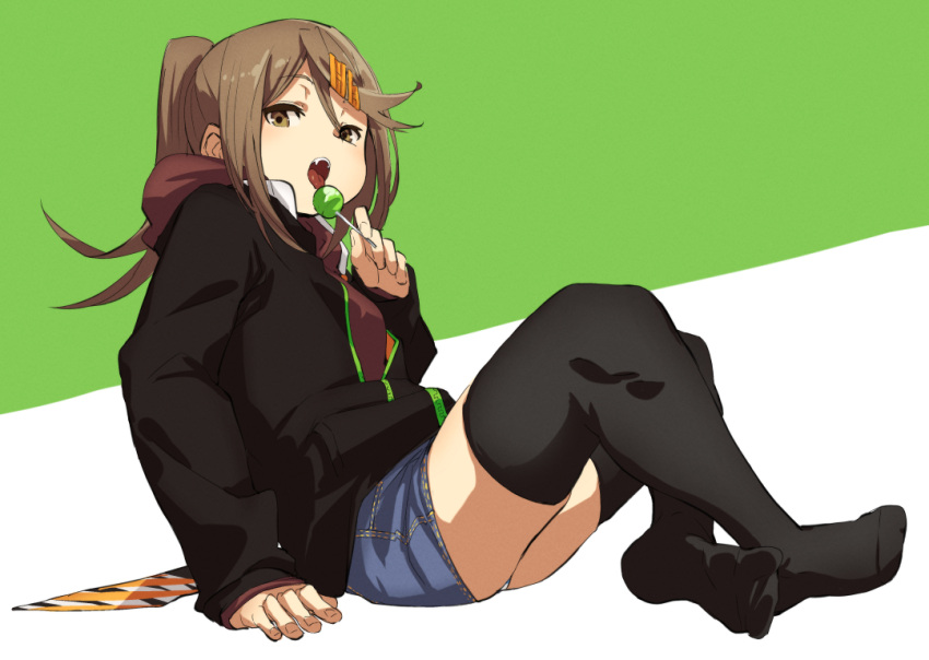 1girl black_legwear breasts brown_eyes brown_hair candy denim denim_skirt food fu-ta hair_ornament hairclip holding hood hooded_jacket jacket lollipop long_hair open_mouth original ponytail sitting skirt solo teeth thigh-highs usami_taiga