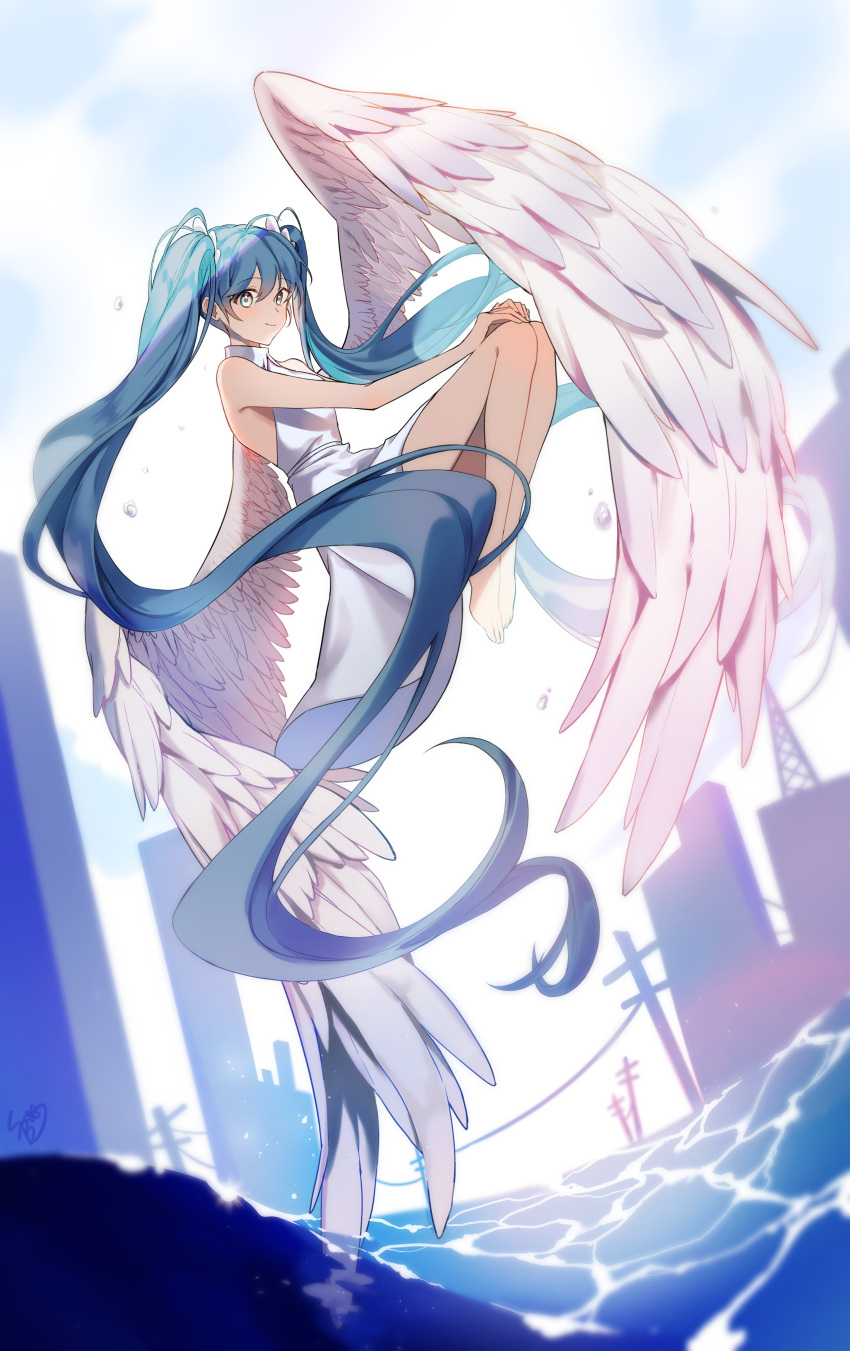 1girl 600so absurdly_long_hair absurdres angel_wings aqua_eyes aqua_hair barefoot building clouds cloudy_sky commentary_request day dress flying from_side hair_ornament hands_on_own_knees hatsune_miku highres knees_up korean_commentary legs_together light_blush long_hair looking_at_viewer mixed-language_commentary ocean outdoors silhouette sky smile strapless strapless_dress twintails utility_pole very_long_hair vocaloid water waves white_dress wings