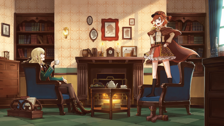 2girls absurdres aijou_karen armchair black_legwear blonde_hair book bookshelf boots bow brown_hair capelet chair commentary_request cosplay cup cupboard fireplace frilled_skirt frills hat hat_bow highres indoors kneehighs kudakuda long_hair long_sleeves medium_hair multiple_girls open_mouth pantyhose portrait_(object) saijou_claudine sherlock_holmes sherlock_holmes_(cosplay) shoujo_kageki_revue_starlight shoujo_kageki_revue_starlight_-re_live- sitting skirt standing_on_chair suspender_skirt suspenders table teacup teapot two_side_up wind