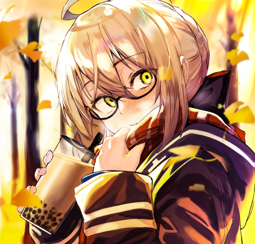 1girl ahoge akieda artoria_pendragon_(all) autumn_leaves bangs black-framed_eyewear blonde_hair blush braid bubble_tea coat cup day disposable_cup drinking_straw fate_(series) french_braid glasses hair_between_eyes highres holding leaf long_sleeves mysterious_heroine_x_(alter) outdoors plaid plaid_scarf red_scarf scarf solo tree upper_body yellow_eyes