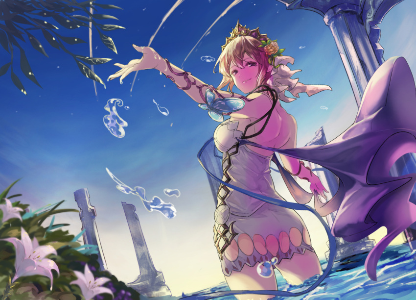 1girl arms_up ass back bare_shoulders blonde_hair blue_sky brown_eyes butterfly_ornament dress droplet europa_(granblue_fantasy) flower granblue_fantasy grin hair_flower hair_ornament leaf lily_(flower) looking_back nos pillar scarf short_dress short_hair sky smile solo thighs tiara wading wet white_dress