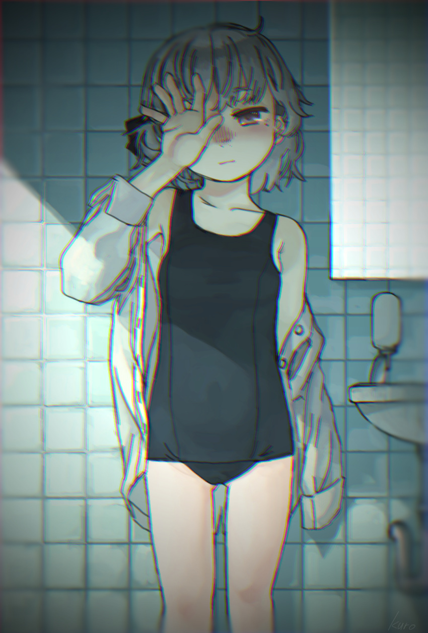 1girl bathroom blurry chromatic_aberration covering_one_eye dress_shirt hair_ribbon hatoba_tsugu hatoba_tsugu_(character) highres kuro4221 long_sleeves mole mole_under_eye old_school_swimsuit open_clothes ribbon school_swimsuit shirt solo swimsuit vignetting virtual_youtuber white_shirt