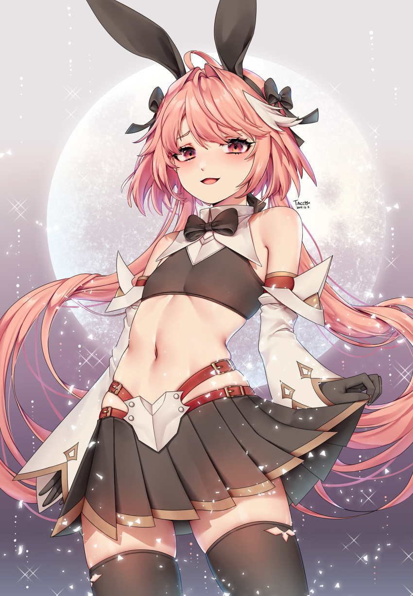 1boy absurdres astolfo_(fate) astolfo_(saber)_(fate) bangs bare_shoulders black_bow black_gloves black_legwear black_ribbon blush bow bowtie commentary_request fate/grand_order fate_(series) from_below gloves hair_bow hair_intakes hair_ribbon highres long_hair long_sleeves looking_at_viewer moon multicolored_hair navel otoko_no_ko pink_hair ribbon smile solo streaked_hair thigh-highs tikeworld twintails violet_eyes white_hair