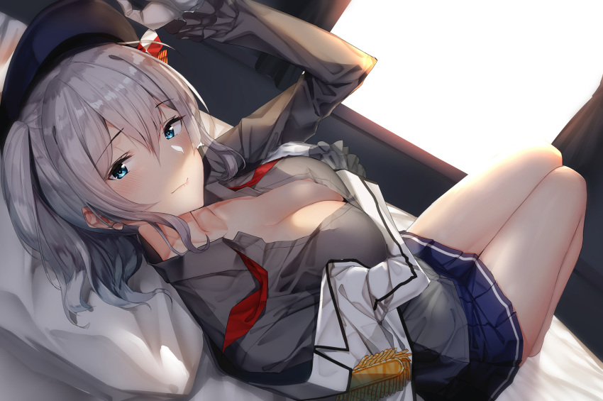 1girl adjusting_headwear barefoot beret blue_eyes blush breasts buttons closed_mouth epaulettes gloves grey_shirt hat highres jacket kantai_collection kashima_(kantai_collection) large_breasts long_hair long_sleeves looking_at_viewer lying military military_jacket military_uniform neckerchief off_shoulder on_back on_bed pallad pleated_skirt red_neckwear shirt sidelocks silver_hair skirt smile solo thighs tsurime twintails uniform wavy_hair white_gloves white_jacket window