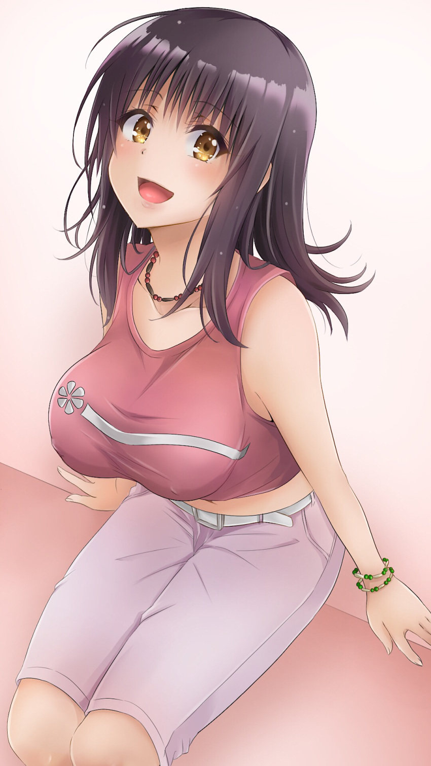 1girl bangs belt black_hair bracelet breasts brown_eyes collarbone covered_nipples crop_top eyebrows_visible_through_hair head_back highres itsuwa jewelry large_breasts long_hair looking_at_viewer navel necklace open_mouth pink_shirt pink_shorts shirt short_hair shorts sitting sleeveless sleeveless_shirt smile solo tina_(pixiv37050289) to_aru_majutsu_no_index white_belt