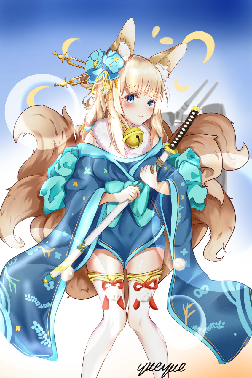 1girl absurdres animal_ears azur_lane bare_shoulders bell blue_background blue_kimono boots breasts cowboy_shot eyebrows_visible_through_hair flower fox_ears fox_tail gradient gradient_background hair_between_eyes hair_flower hair_ornament highres holding holding_sword holding_weapon huge_filesize japanese_clothes jingle_bell katana kimono kulayueyue light_particles long_hair long_sleeves looking_at_viewer medium_breasts multiple_tails niizuki_(azur_lane) sheath short_kimono shouji sliding_doors smile solo standing sword tail thick_eyebrows thigh-highs thigh_boots twitter_username unsheathed weapon white_legwear wide_sleeves yellow_background