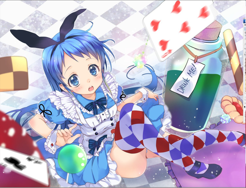 alice_(wonderland) alice_(wonderland)_(cosplay) argyle argyle_legwear blue_eyes blue_hair bottle card checkered clover cookie cosplay food kantai_collection long_hair malino_(dream_maker) multicolored multicolored_clothes multicolored_legwear playing_card samidare_(kantai_collection) thigh-highs very_long_hair