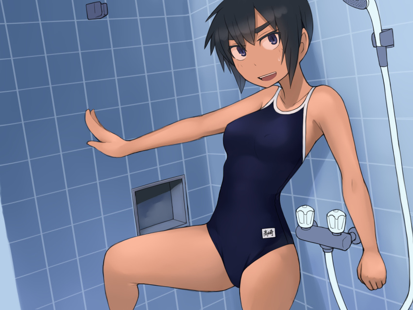 1girl absurdres against_wall bathroom black_eyes black_hair blue_swimsuit breasts commentary_request competition_school_swimsuit cowboy_shot highres looking_at_viewer lvi medium_breasts namesake original school_swimsuit short_hair shower_head smile solo standing swimsuit tile_wall tiles tsurime upper_body