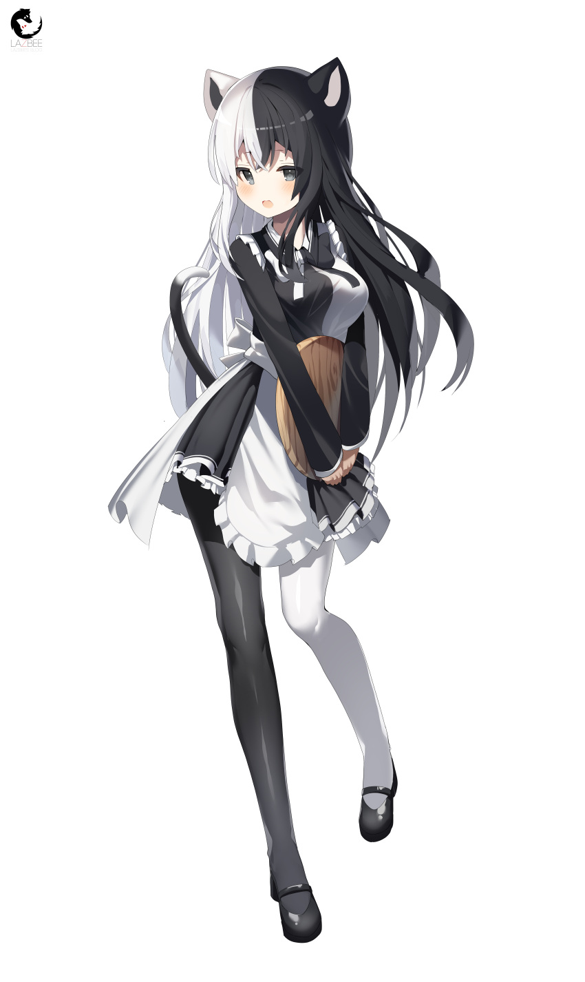 1girl absurdres animal_ears apron artist_logo artist_name bangs black_hair black_legwear blush bow cat_ears cat_tail full_body grey_eyes highres lazbee looking_at_viewer mary_janes multicolored_hair original shoes simple_background solo tail two-tone_hair two-tone_legwear white_background white_hair