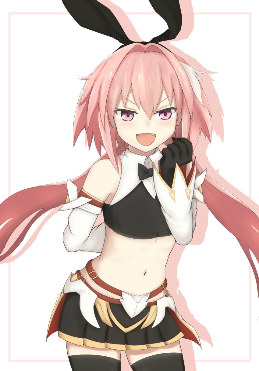 1boy arm_behind_back astolfo_(fate) astolfo_(saber)_(fate) bangs bare_shoulders black_bow black_gloves black_legwear black_ribbon blush bow bowtie commentary_request fang fate/grand_order fate_(series) gloves hair_between_eyes hair_bow hair_intakes hair_ribbon highres long_hair long_sleeves looking_at_viewer multicolored_hair navel otoko_no_ko pink_hair ribbon simple_background smile solo streaked_hair syuteki thigh-highs twintails violet_eyes white_background white_hair