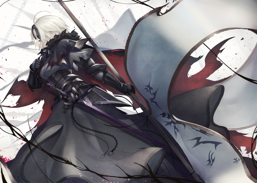 1girl ahoge armor armored_dress black_cloak black_dress breasts chain cloak closed_mouth commentary_request dress facing_away fate/grand_order fate_(series) flag fur-trimmed_cloak fur_trim gauntlets headphones highres holding holding_flag jeanne_d'arc_(alter)_(fate) jeanne_d'arc_(fate)_(all) marumoru multicolored_cloak red_cloak small_breasts solo standard_bearer sword weapon white_hair