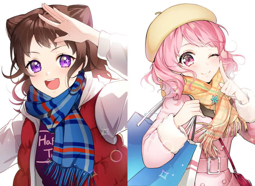 2girls :d ;) bag bang_dream! bangs bari_dal beret blue_scarf blush brown_hair clothes_writing finger_to_cheek fur-trimmed_sleeves fur_trim hat highres holding holding_bag hood hood_down hooded_coat index_finger_raised looking_at_viewer maruyama_aya medium_hair multiple_girls one_eye_closed open_mouth pink_coat pink_eyes pink_hair plaid plaid_scarf raglan_sleeves salute scarf shirt shopping_bag shoulder_bag smile sparkling_eyes toyama_kasumi upper_body violet_eyes white_background winter_clothes yellow_headwear yellow_scarf