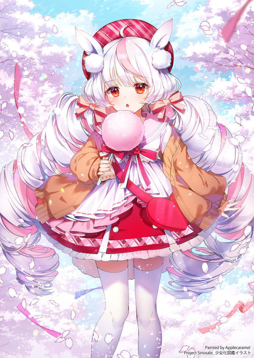 1girl absurdres animal_ears apple_caramel artist_name bangs brown_jacket commentary_request dress drill_hair eyebrows_visible_through_hair flower frills heart highres holding jacket leaf long_hair looking_at_viewer official_art original outdoors pink_flower pink_hair pink_rose red_dress red_eyes rose solo thigh-highs twin_drills very_long_hair white_hair white_legwear