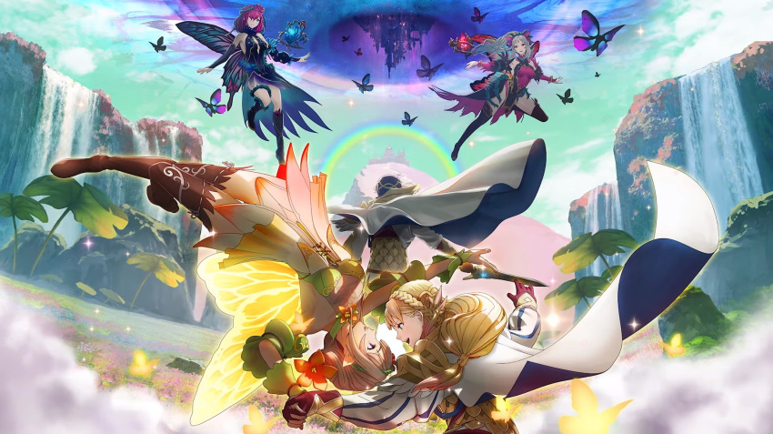 1boy alfonse_(fire_emblem) armor artist_request black_dress blonde_hair blue_hair boots bug butterfly butterfly_wings cape clouds cloudy_sky day dress fairy_wings field fire_emblem fire_emblem_heroes flower flower_field gloves gradient gradient_clothes gradient_hair hair_ornament highres holding holding_sword holding_weapon insect long_hair long_sleeves multicolored_hair multiple_girls official_art outdoors peony_(fire_emblem) pink_hair plumeria_(fire_emblem) pointy_ears rainbow sharena short_dress sky sleeveless sparkle striped sword thigh-highs thigh_boots tied_hair triandra_(fire_emblem) vertical_stripes water waterfall weapon wings zettai_ryouiki