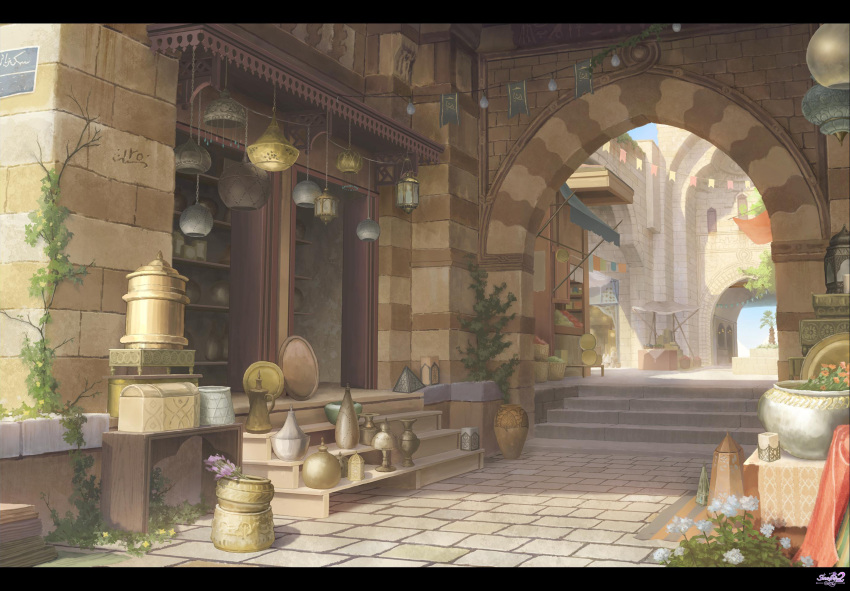 arch basket day flower highres light_bulb no_humans official_art outdoors plant plate scenery shelf sweety_prince tray vase vines watermark yumiru