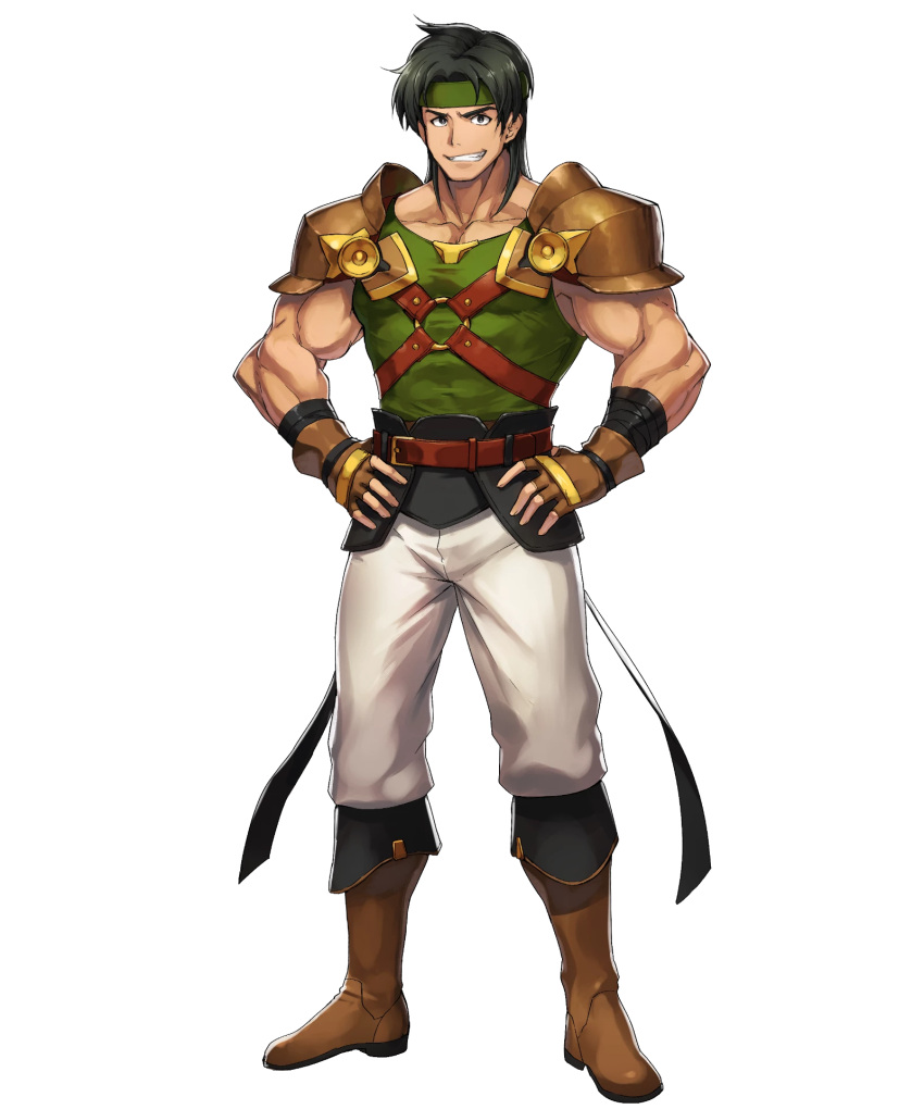 1boy bandages belt black_hair boots dai-xt fingerless_gloves fire_emblem fire_emblem:_thracia_776 fire_emblem_heroes full_body gloves headband highres long_hair male_focus muscle official_art orsin_(fire_emblem) solo teeth