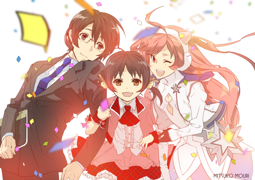 1boy 2girls ahoge anniversary artist_name black_eyes black_hair blue_neckwear blurry blurry_background blurry_foreground brown_hair commentary company_connection confetti depth_of_field earmuffs formal frilled_skirt frills glasses hiyama_kiyoteru holding_arm holding_notebook jacket kaai_yuki layered_skirt leaning_back leaning_forward looking_at_viewer mouri multiple_girls necktie notebook one_eye_closed open_mouth pink_eyes pink_hair plaid plaid_skirt red_jacket red_skirt sf-a2_miki shirt short_hair skirt smile star straight_hair suit suit_jacket twintails upper_body vocaloid white_background white_jacket white_shirt wrist_cuffs