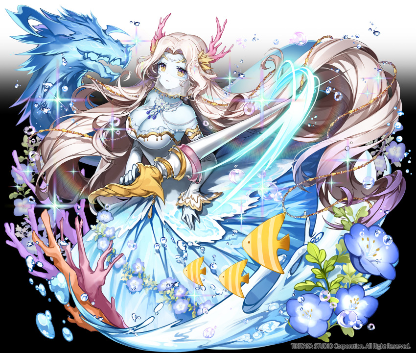 1girl apple_caramel arcana_tactics blue_flower blue_skin breasts bubble check_copyright company_name coral dragon dress flower highres holding holding_weapon horns lance large_breasts long_hair looking_at_viewer motion_blur official_art original pink_horns polearm solo tropical_fish very_long_hair water weapon white_hair yellow_eyes