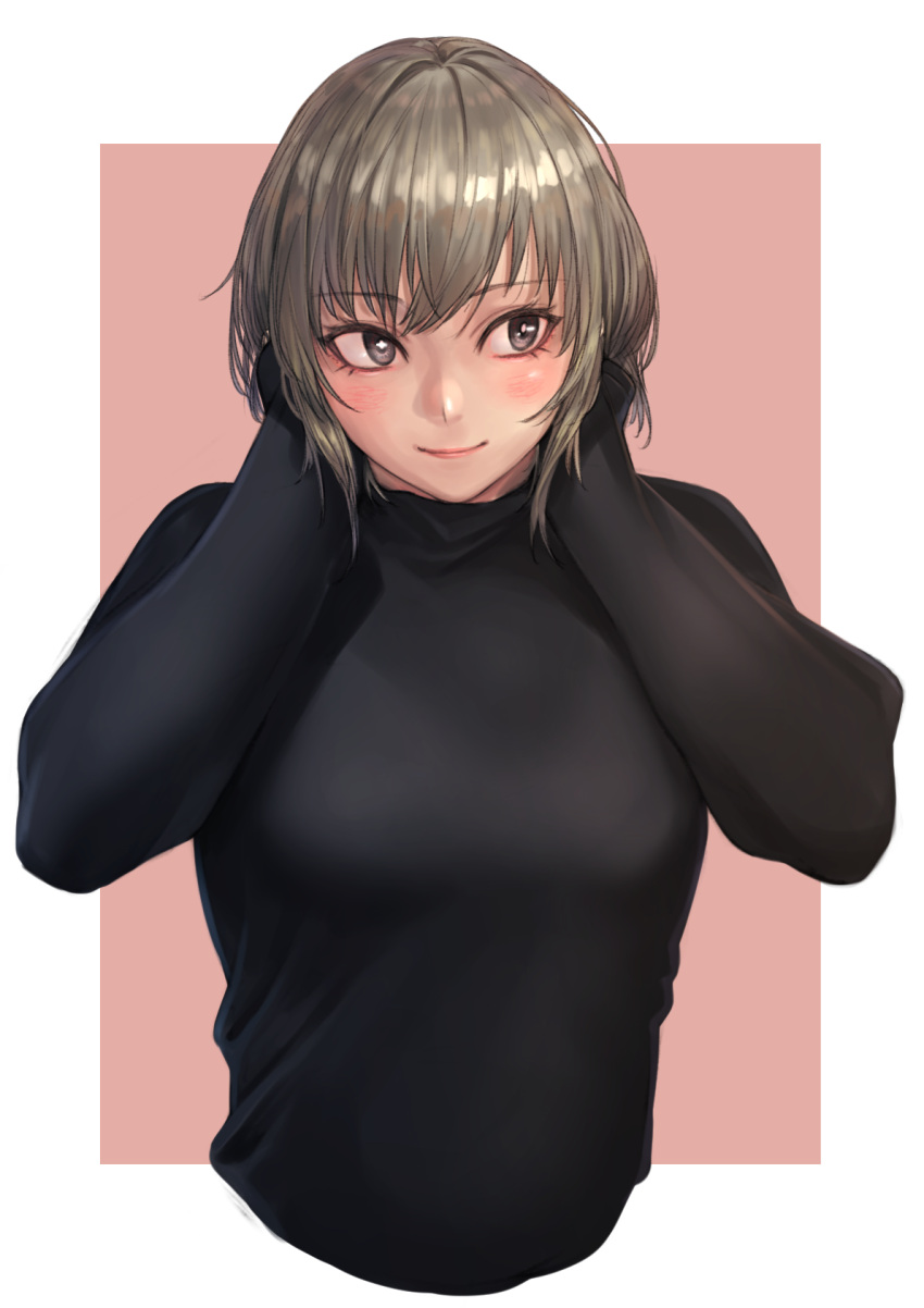 1girl arms_up blush breasts closed_mouth eyebrows_visible_through_hair grey_eyes grey_hair highres kilye_4421 long_sleeves looking_to_the_side original short_hair smile upper_body