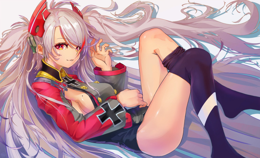 1girl 51poiuy antenna_hair azur_lane bangs black_legwear breasts brown_eyes eyebrows_visible_through_hair hair_between_eyes headgear highres iron_cross long_hair long_sleeves looking_at_viewer medium_breasts mole mole_on_breast multicolored_hair parted_lips prinz_eugen_(azur_lane) redhead sideboob silver_hair smile solo streaked_hair swept_bangs thigh-highs thighs two_side_up very_long_hair