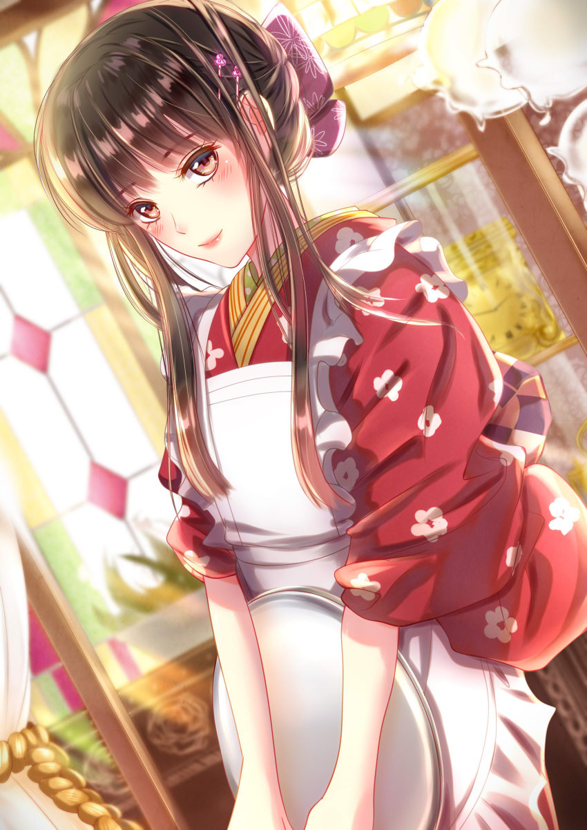 1girl absurdres apron bangs black_hair blurry blurry_background blush bow brown_eyes brown_hair dutch_angle hair_bow hair_ornament hairclip highres holding holding_tray indoors izumi_(stardustalone) japanese_clothes kimono long_hair mole mole_under_mouth original red_kimono restaurant sidelocks smile solo tray window