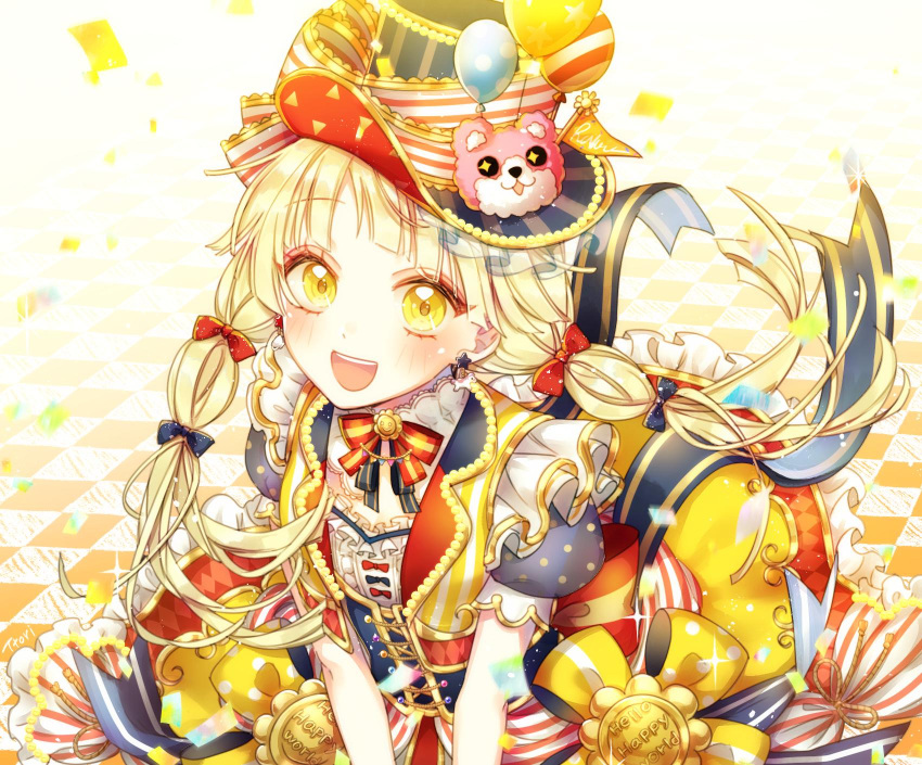 :d artist_name back_bow balloon bang_dream! bangs blonde_hair blue_bow blush bow center_frills character_hat_ornament checkered checkered_floor commentary_request confetti corset dress earrings frilled_dress frills group_name hair_bow hat hat_ribbon highres jewelry korean_commentary long_hair looking_at_viewer michelle_(bang_dream!) multicolored multicolored_clothes neck_ribbon open_mouth pennant print_hat red_bow ribbon short_sleeves smile striped striped_neckwear striped_ribbon top_hat tsurumaki_kokoro ttori twintails vest yellow_eyes