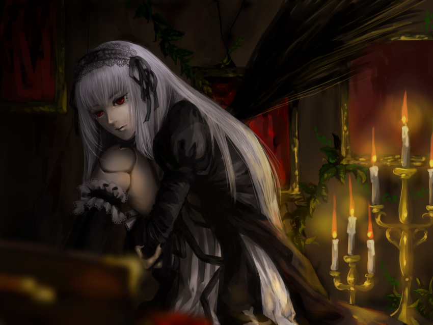 1girl artist_request candle doll_joints gothic_lolita hairband highres lolita_fashion lolita_hairband looking_at_viewer red_eyes rozen_maiden suigintou